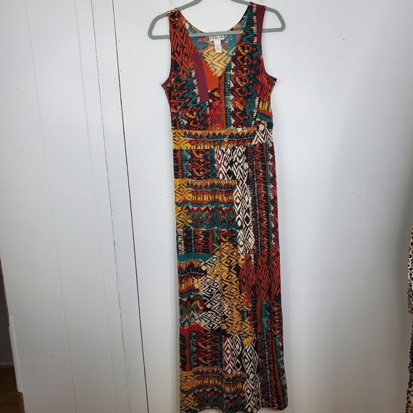 Robbie Bee Maxi Dress V Neck Abstract Multicolor Artsy Jersey Stretch Womens M - Picture 1 of 9